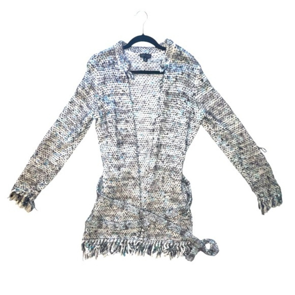 Carlisle Open Front Tweed Pattern Cardigan Fringe Detail Belted Waist Size Med